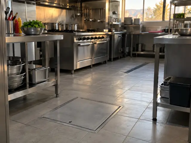 Cocina industrial de acero inoxidable con la tapa metálica de la cámara desgrasadora en el piso