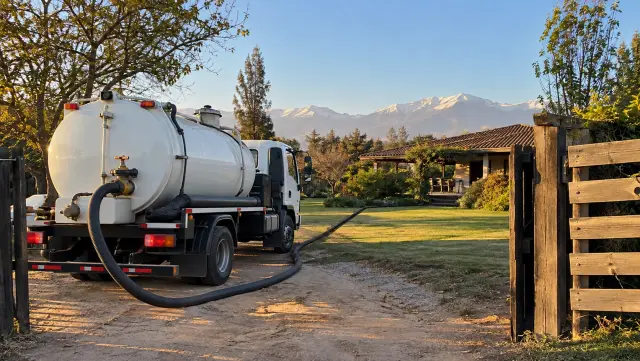Camión limpia fosas blanco en el acceso de tierra de una parcela, con la cordillera al fondo