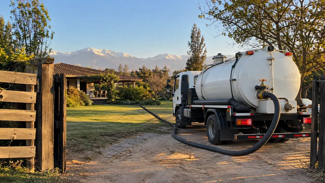 Camión de succión blanco estacionado en el portón de una parcela, con la manguera tendida por el pasto hasta la fosa